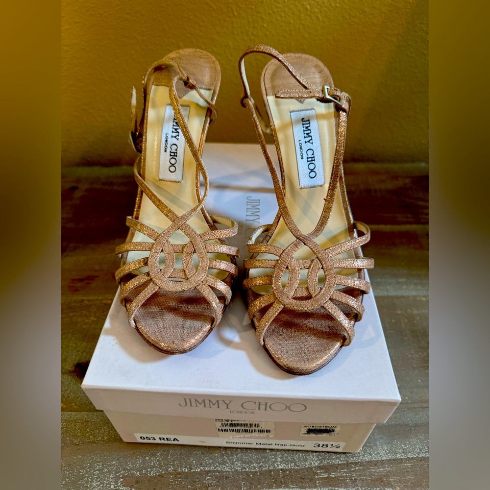Jimmy Choo Rose Gold Shimmer Leather strappy heels size 38 1/2